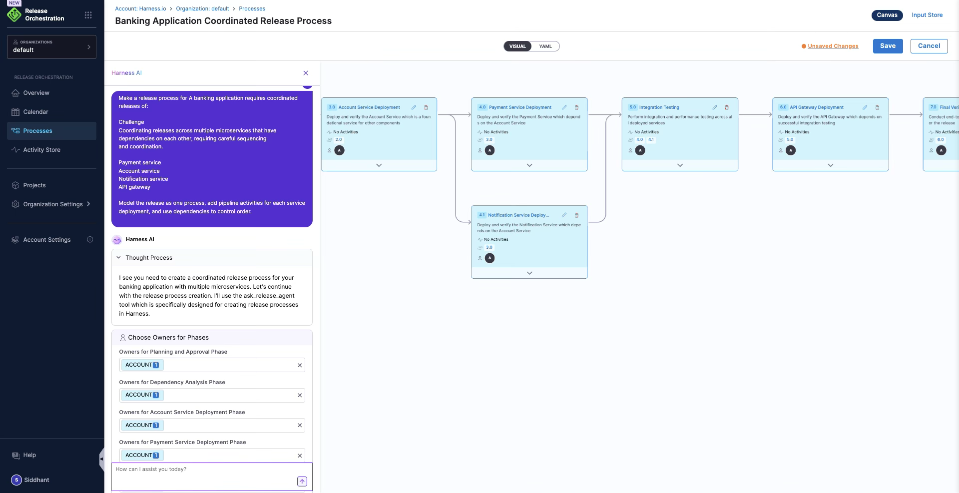 Harness AI generating a coordinated release process for a banking application, with phases for each service deployment and owner assignments