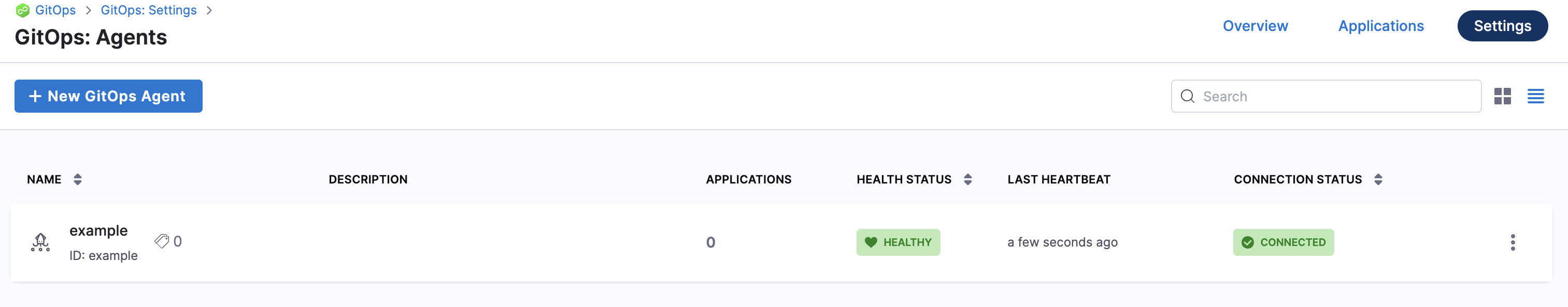 Screenshot of the GitOps Agents list showing the newly created agent with Healthy and Connected status