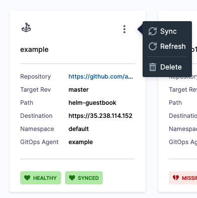 Screenshot showing the GitOps Applications list with Sync and Refresh action buttons for each application