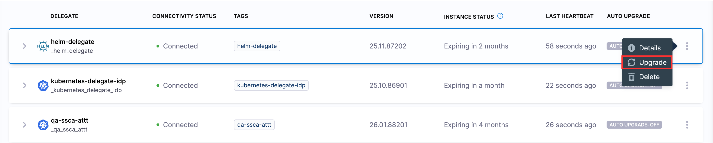 Manual delegate upgrade menu