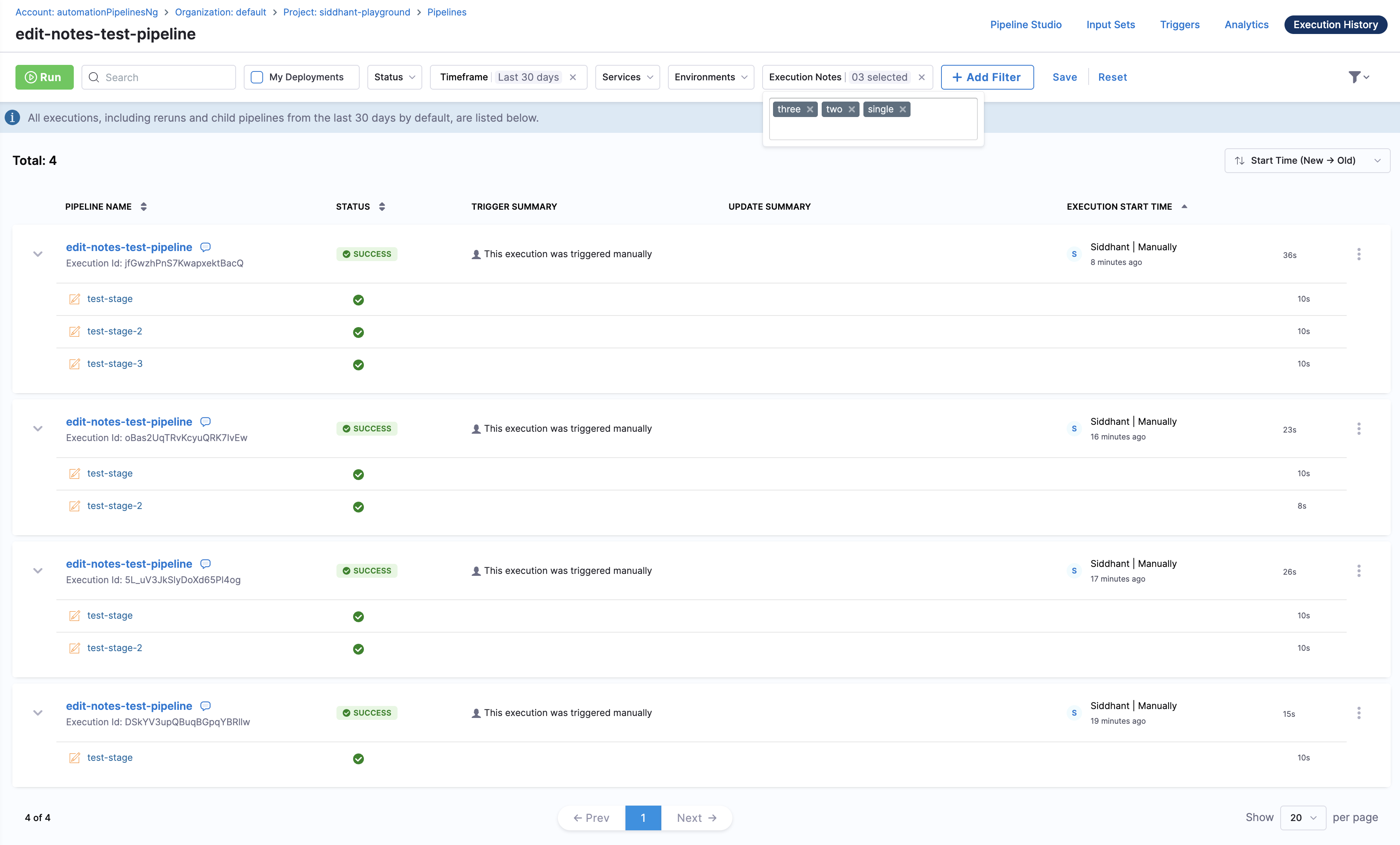 notes for filtering all stage pipeline execution