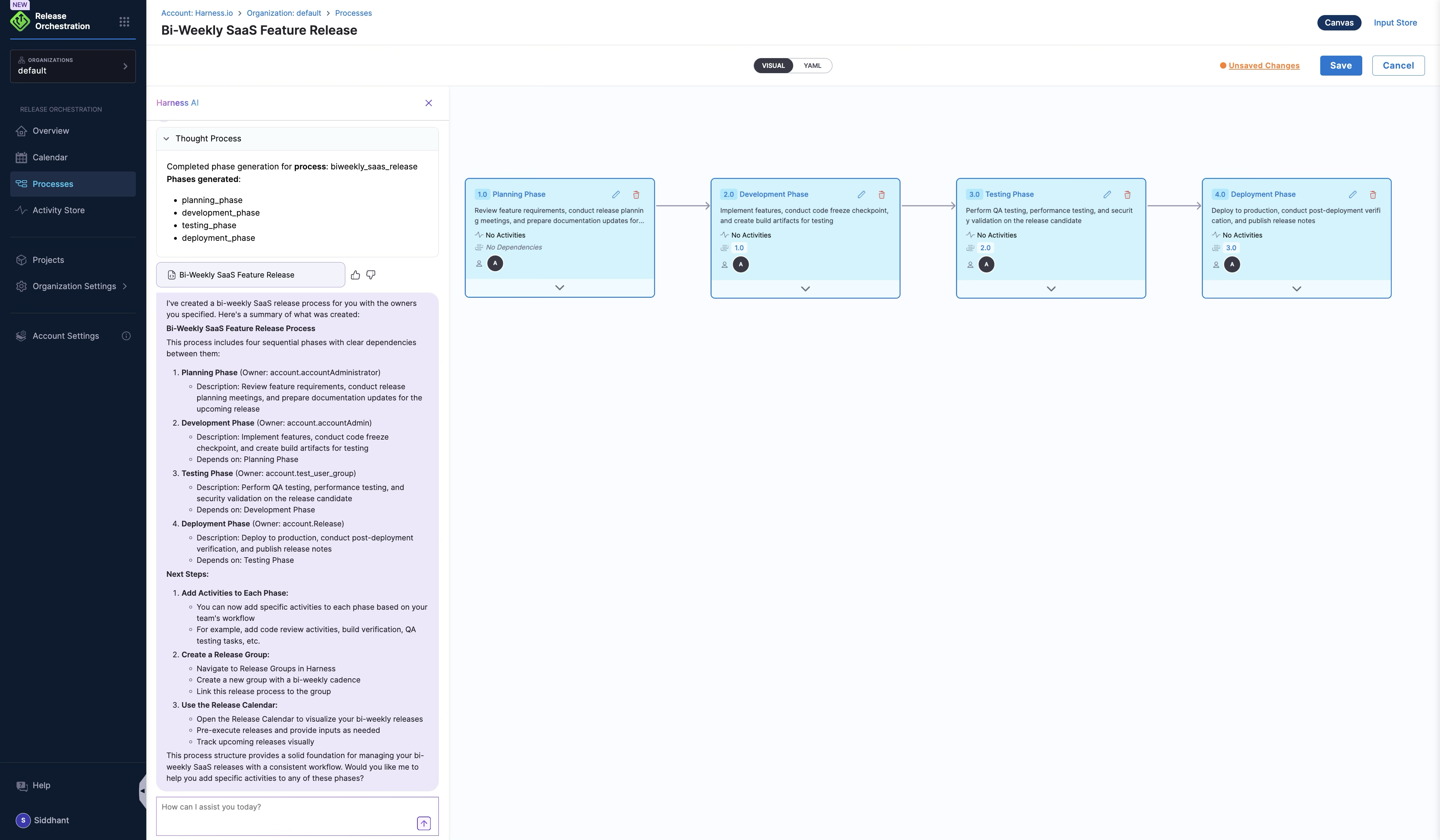 Harness AI generating a bi-weekly SaaS feature release process with four sequential phases: Planning, Development, Testing, and Deployment