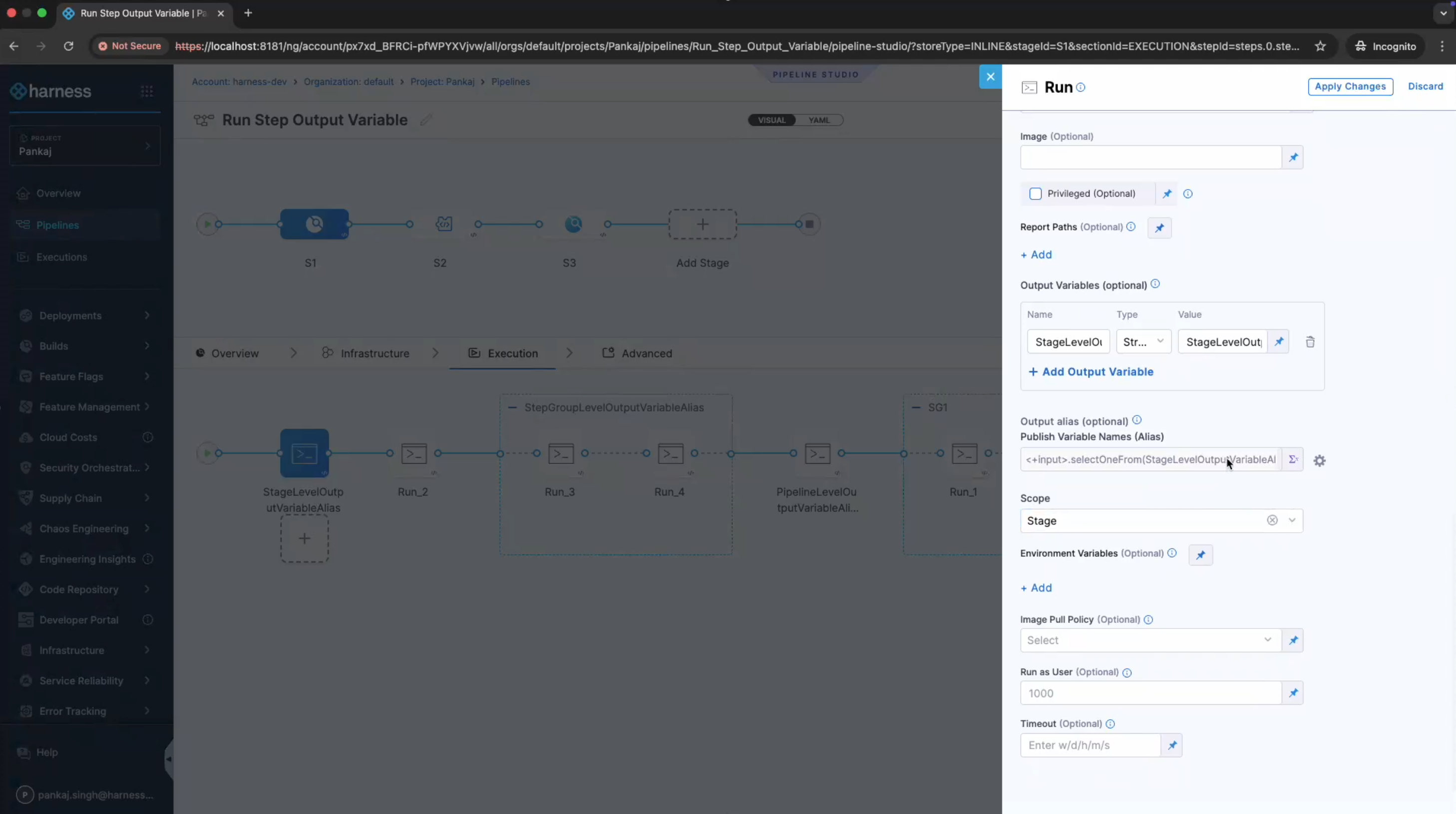 Stage-scoped output alias configuration